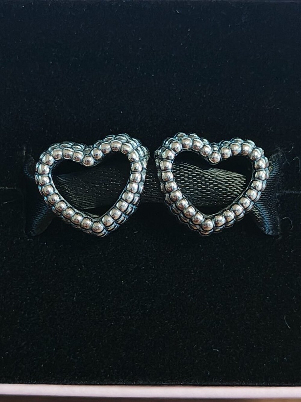 Authentic Pandora Set of 2 Beaded Heart Charms 797516 Sterling Silver